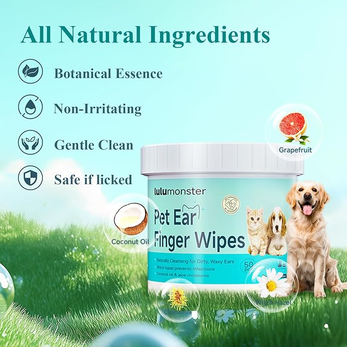 Dog & Cat Ear Cleaner Finger Wipes, Vet‑Recommended for Dog Ear Infection Relief, Itching & Inflammation, Remove Wax Dirt, Stop Smelly, Non‑Irritating, 50ct (Coconut Scent)