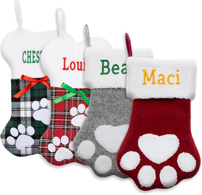 Personalized Christmas Stockings for Dogs Cats, Custom Pet Christmas Stockings with Embroidered Name, Pet Paw or Large Bone Xmas Stockings for Holiday Decoration (4 Pcs)