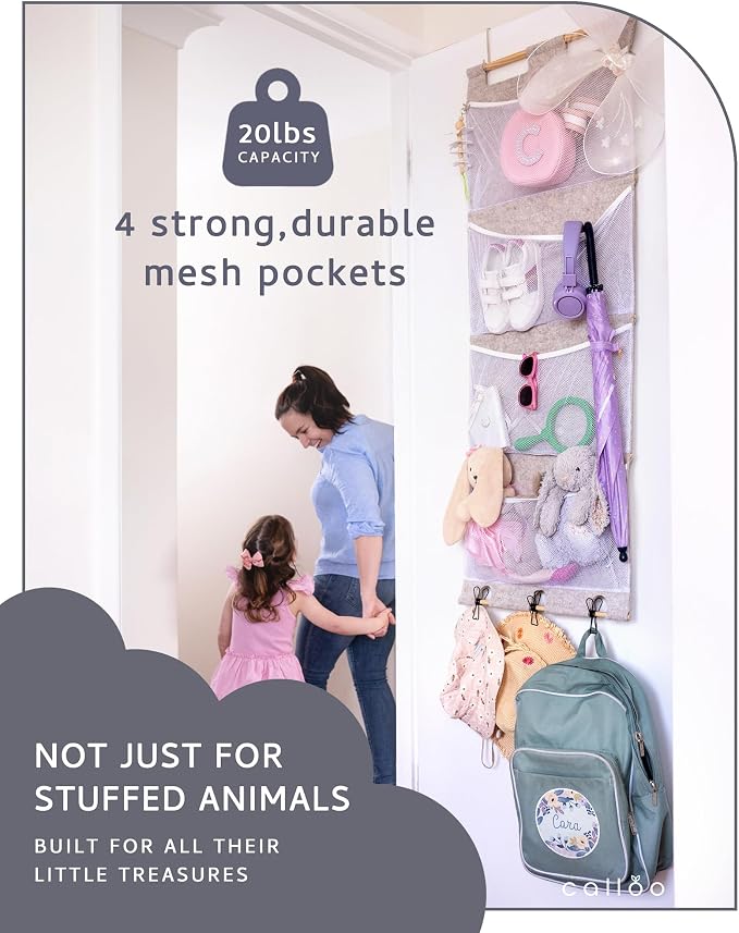 Over the Door Stuffed Animal Storage for Kids – Felt Organizer with Clips to Display Art and Mesh Pockets for Stuffies, Books and More – Space-Saving Hanging Design that Grows with your Child