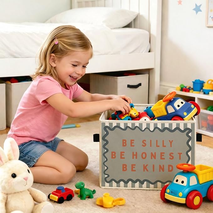 Kindness Storage Bin, Foldable Fabric Basket for Kids Room Nursery | Foldable fabric storage bin with kindness quote design for toys, books, clothes, nursery, bedroom, and playroom use.