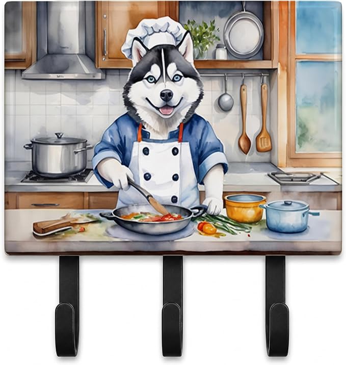 Caroline's Treasures Siberian Husky The Chef Leash or Key Holder Wall Hooks, Key Hooks Holder, Coat Rack Wall Mount, Coat Hooks, Hooks for Hanging Keys, Towels, Aprons, Leashes | Siberian Husky The Chef artwork on ceramic tile with three steel hooks fo...