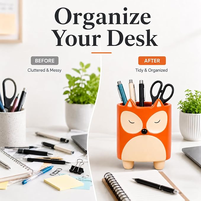 Ceramic Fox Shaped Pen Pencil Holder for Desk Decoration Accessories Fox Decor Makeup Brush Pen Cups Office School Ideal Gifts for Women, Mom or Birthdays
