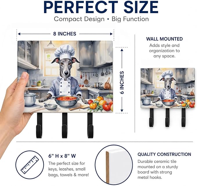 Caroline's Treasures Greyhound The Chef Leash or Key Holder Wall Hooks, Key Hooks Holder, Coat Rack Wall Mount, Coat Hooks, Hooks for Hanging Keys, Towels, Aprons, Leashes | Greyhound The Chef artwork on ceramic tile with three steel hooks for keys, le...