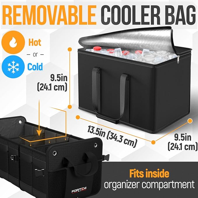 FORTEM Trunk Organizer - Collapsible Car Organizer & Storage Bag for SUVs | Car Accessories for Men & Women, Cooler Bag, Non Slip Bottom, Straps, Soft Cover, 1680D Oxford, 6 Compartments, Black, 110L