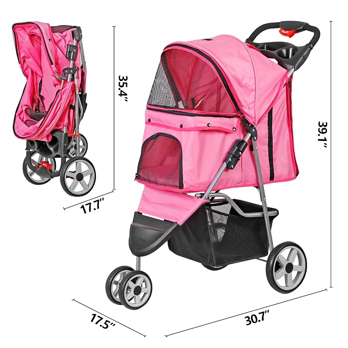 ZENY Pet Stroller for Small/Medium Dogs and Cats Foldable Dog Stroller | with 3 Wheels, Pet Strolling Cart, Dog Travel Carrier with Storage Basket, Cup Holder, Pink