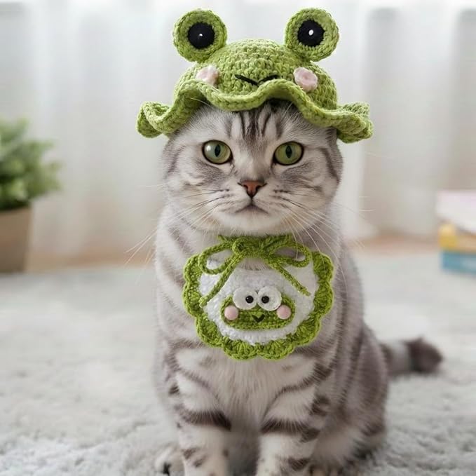 Handmade Knit Dog Costume – Adjustable Cute Frog Dog Hat & Collar for Cats and Small to Medium Dogs, Perfect for Birthday, Holiday, Daily Wear & Photoshoots