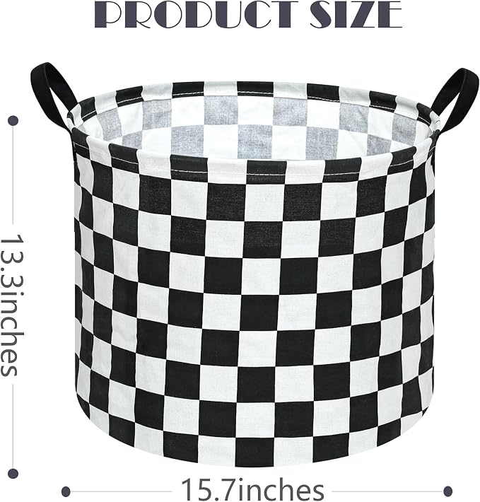 3 Pack Checkered Storage Baskets with Leather Handles, Foldable Fabric Toy Storage Bins with Waterproof Lining, Large Round Laundry Hamper for Kids Room, Nursery, Bedroom, Playroom Organization