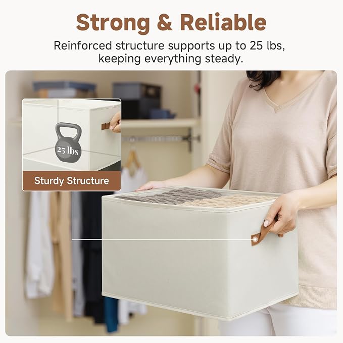 StorageWorks Closet Storage Bins with PU Handles, Ivory White, Extra Large | Foldable Storage Bins with PU Handles, Closet Storage Baskets, Fabric Bins for Clothes Storage