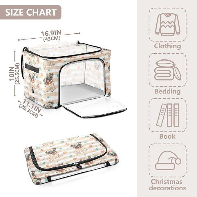 Cute Pets Pug Beige print Under Bed Storage Containers with Double Zipper Openings, Foldable Clothes Storage Bins with Clear Window and Handles for Blankets Comforters Bedding