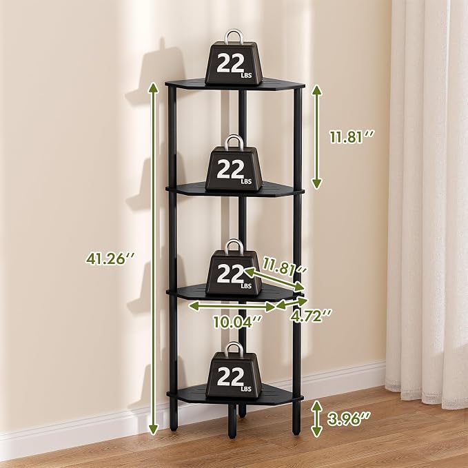 Corner Shelf Stand, 4 Tier Corner Bookshelf, Bamboo Storage Standing Shelf Unit, Tall Storage Plant Stand,Bookcase for Living Room, Home Office, Bedroom, Kitchen, Black