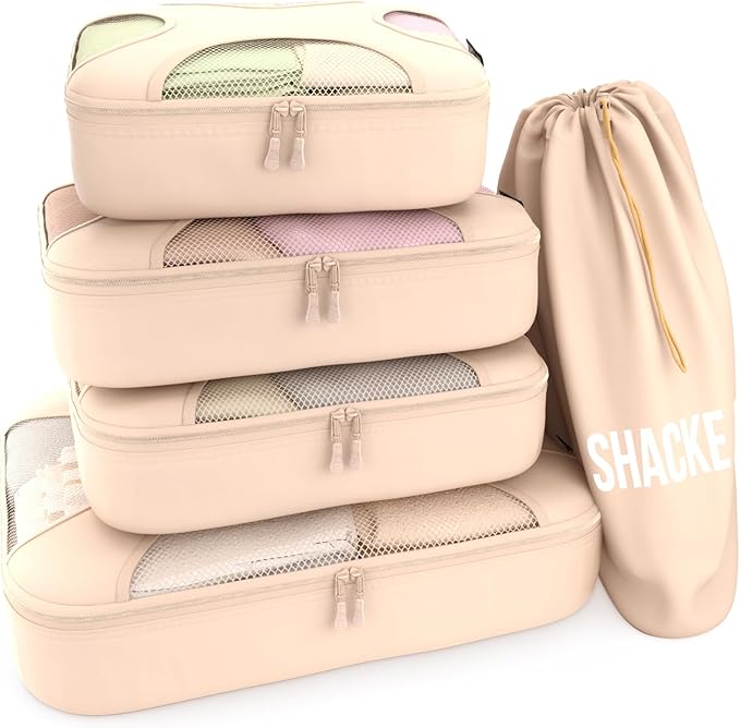 Shacke 5 Set Packing Cubes for Travel with Laundry Bag (Cream) | Suitcase Organizer Bags Set: 4 Water-Resistant Luggage Cubes, XL to Small, + Laundry Bag for Carry-On or Checked