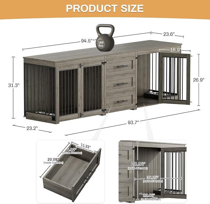 OUYESSIR 94.5" Double Dog Crate Furniture for Medium Large Dogs, Grey | Extra large dog kennel fits 2 Medium or large dogs, 3 Storage Drawers, 4 removable Stainless steel dog bowls, Solid Wood