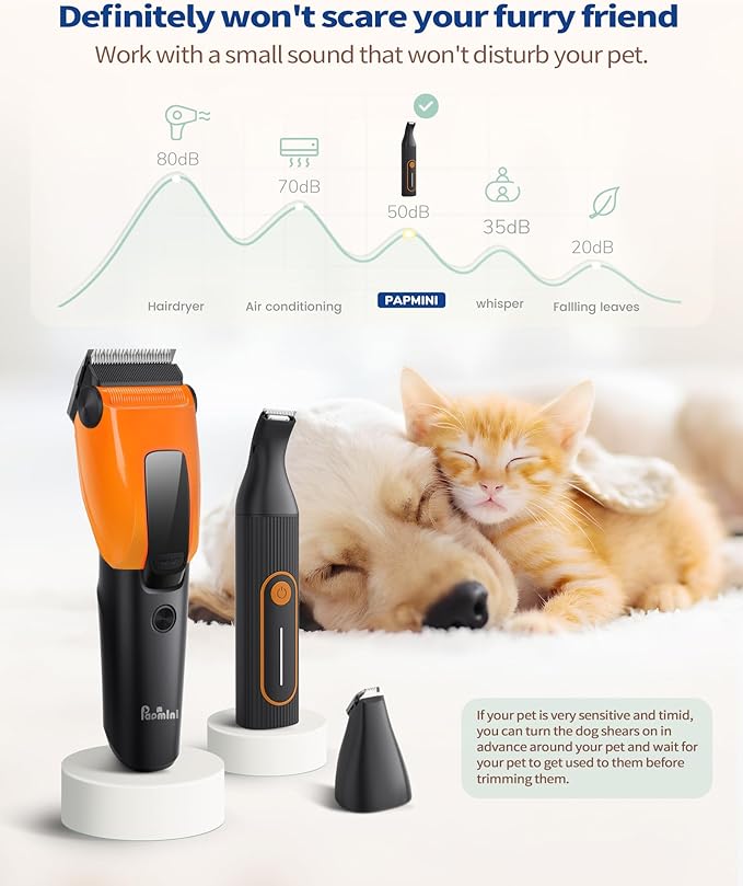 PAPMINI Dog & Cat Grooming Kit for Thick Coats, Heavy Duty Rechargeable Trimmer with LED Display & Storage Bag (Orange, 2 in 1)