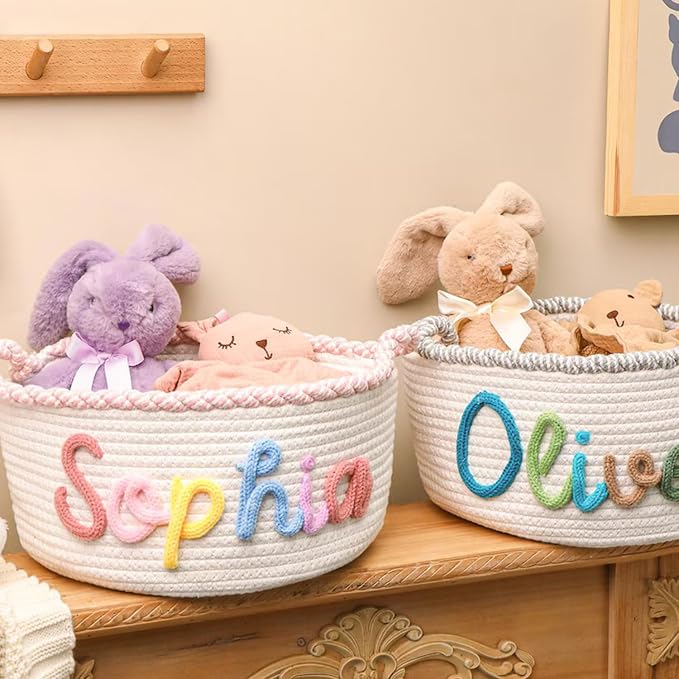 Personalized Cute Small Woven Basket with Handles, Custom Cotton Rope Room Shelf Storage Basket, Empty Decorative Gift Basket, Decorative Round Bin for Nursery Bedroom Bathroom (Style J)