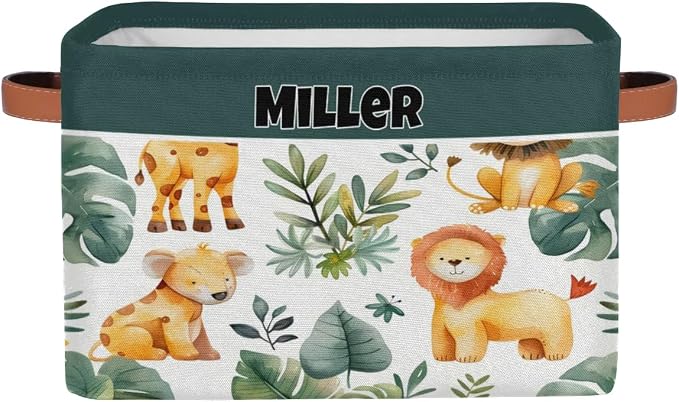 Custom Rectangular Baby Storage Basket, Kids Toys Bin, Books Shelf Basket, Clothes Towel Storage Bin for Nursery, Gift Basket, Pet Basket, Watercolor Leaf Animal Lion Koala