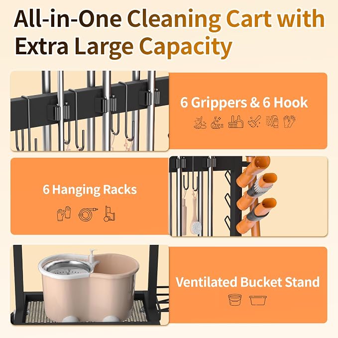 Broom Holder with Cleaning Supplies Organizer, 18" Wx11.8 Dx34.6 H | Load 160 LBS, Cleaning Cart with Wheels, 6 Mop Hanger Grippers, 3 Double-Hooks, Vacuum Stand for Laundry Garage Organization