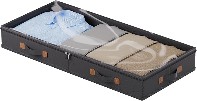 FHSQX Under Bed Storage Container 3 Inches Low Profile Under-bed Organizer Bins Slim Under Couch Storage Box Ideal For Seasonal Clothes Blankets Towel Fabric (1, Black, 31.5 * 17 * 3in)