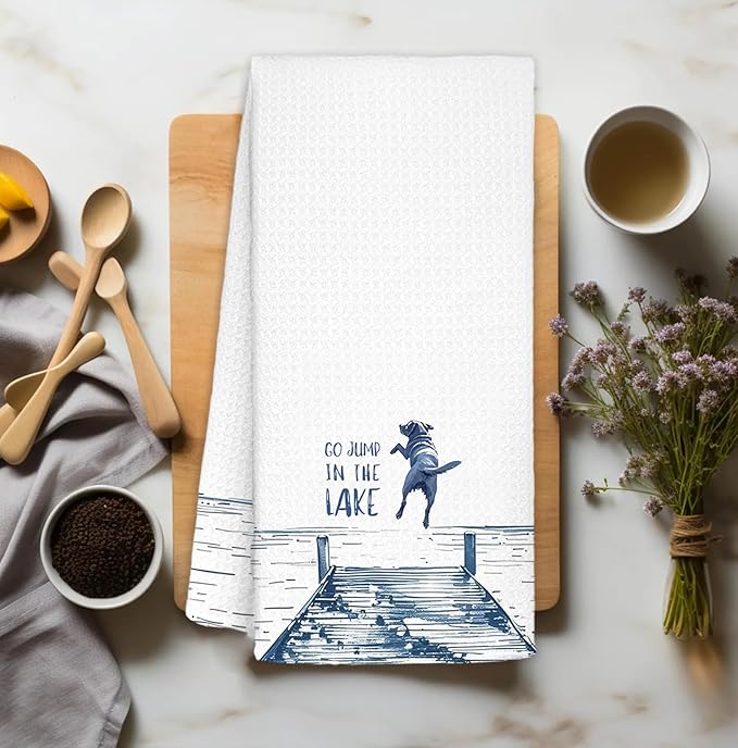 Lake House Decor Dish Towels,Lake House Gifts,Funny Lake Dog Kitchen Towels Decorative,Dog Lover Mom Gifts Hand Towels Drying Cloth for Kitchen Bathroom Decor,16x24 Inch