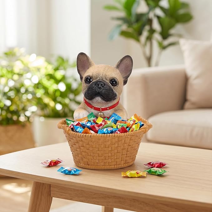 Cute French Bulldog Candy Bowl, Resin Dog Figurine Key Bowl for Entryway Table, Desktop Storage Basket Organizer for Desk, Unique Dog Lover Gift