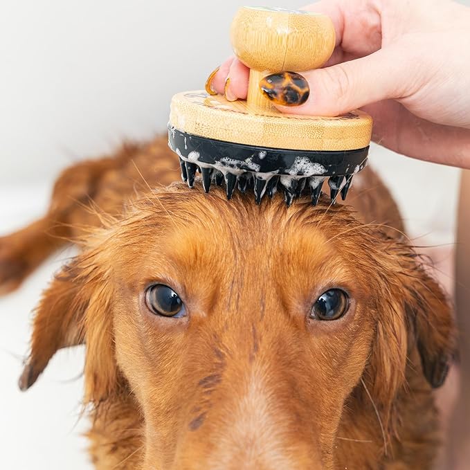 Doggy Style Small Dog Grooming Brush – Bamboo Bath Brush with Soft Silicone Bristles, Pet Scrubber for Shedding, Bathing & Massaging, Eco-Friendly Puppy Grooming Tool