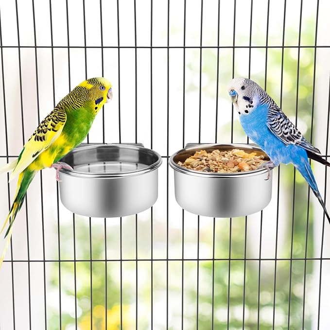 Wontee Pet Food Water Bowl Stainless Steel Feeding Cups Feeder, 2 Pcs, S | Rust-proof, securely mounted to prevent tipping, removable for easy refilling and cleaning, for dogs/cats/birds/rabbits