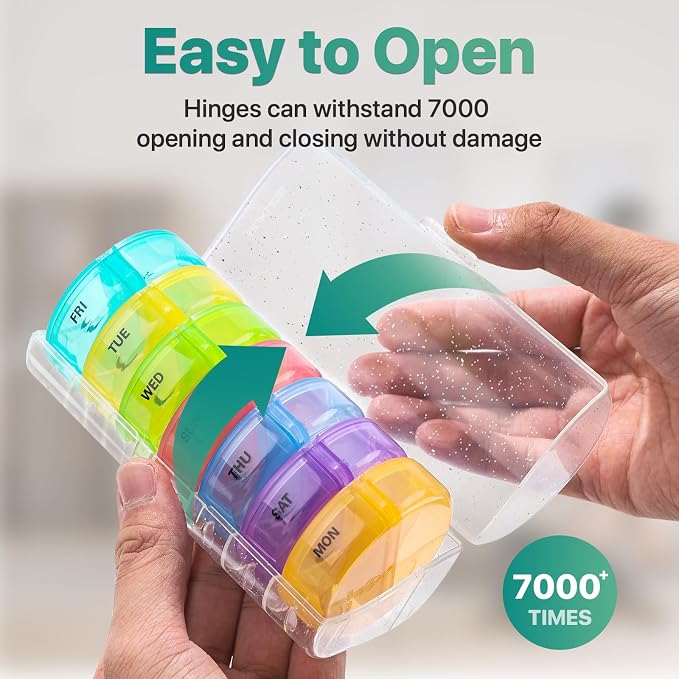 Sukuos Large Weekly Pill Organizer 2 Times a Day, Daily Pill Box 7 Day Easy to Open with Double Protection, AM PM Pill Case for Medicine/Vitamin/Fish Oil/Supplements (Glitter Clear)