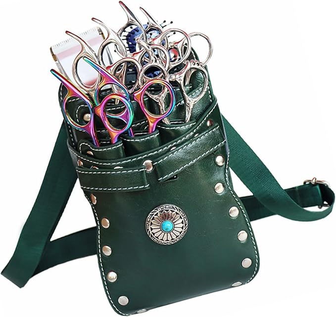 Jiawu Retro Barber Scissors Bag for Hairstylists, PU Leather 7-Slot Detachable Scissor Holder Bag, Crossbody Waist Tool for Scissors, Hair Clips, Combs, Clippers, Spray Bottle, (Dark green)
