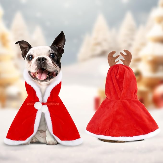 Dog Christmas Cape Velvet, Pet Santa Costume with Elk Antlers Hat Santa Claus Reindeer Outfit Puppy Xmas Hoodie Cloak Dog Clothes for Small Dogs Cat Doggie Cloak