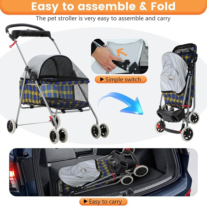 BestPet Foldable Pet Stroller for Small/Medium Dogs and Cats Up to 33 lbs | 4-Wheel Stroller Pet Strolling Cart w/ Breathable Mesh, Lockable Rear Wheels, Cup Holder/Tray & Storage Box, Yellow Plaid