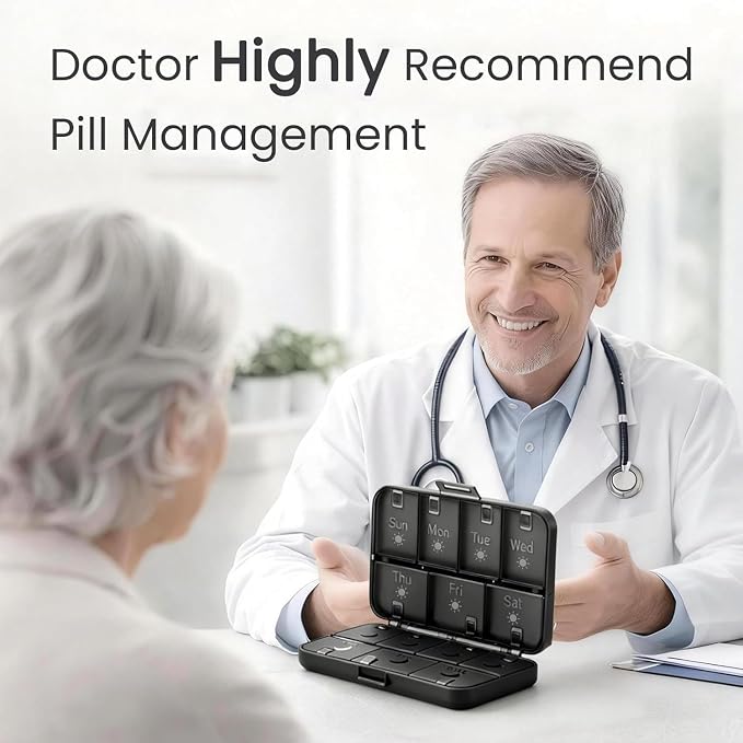 Foldable Weekly Pill Organizer 2 Times A Day, [2026 Version] Large 7 Day Medicine Pill Organizers w/Permanent Etched Labels, Travel AM PM Pills Box Case (Black)