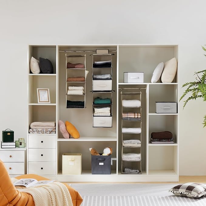 YOUDENOVA Hanging Closet Organizer and Storage for Clothes, 4-Shelf, Beige | Locker/RV/Camper Organizer, Side Pocket, Hanging Shelves for Small Closet, Dorm Room Essentials for Guys, Breathable Fabric