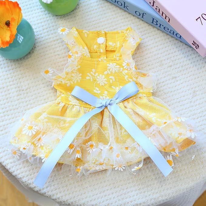 Yellow Small Dog Dress Female with Daisy Pattern Sleeveless Puppy Clothes for Girl Dog Outfit Bow Knot Cat Dresses Summer Pet Sundress Holiday Cat Apparel (Yellow, Small)