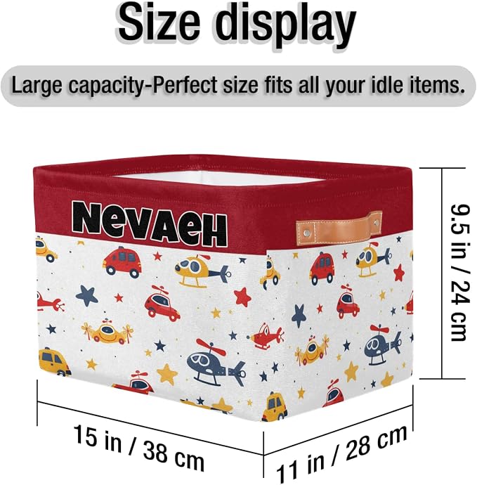 Custom Name Storage Bin, Personalized Rectangular Storage Basket with Handles for Organizing Boys Girls Toys Office Closet Shelf Baskets, Cartoon Cars Helicopters