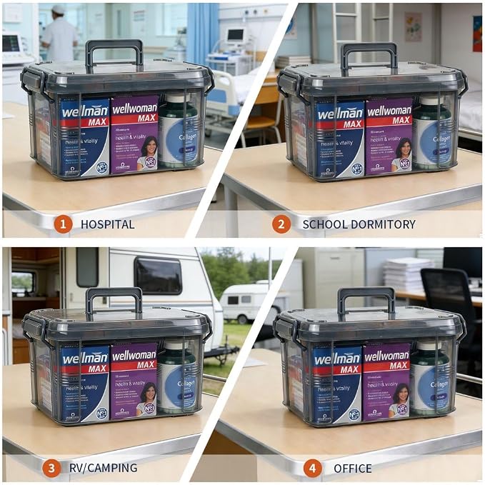 HEY FOLY 15qt Medicine Organizer Storage Box with Tray, Set of 2 Plastic First Aid Box Empty, Thickened Medicine Container Chest, Multipurpose Medical Case with Labels, Grey Medicine Caddy