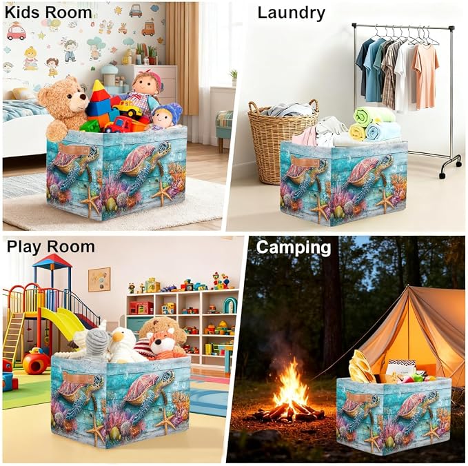 Pardick Storage Baskets Bin, Summer Ocean Turtle Wood Collapsible Canvas Fabric Storage Bin Decorative Baskets Toy Organizer Rectangle Storage Boxes with handles for Home Shelves Nursery,A-4