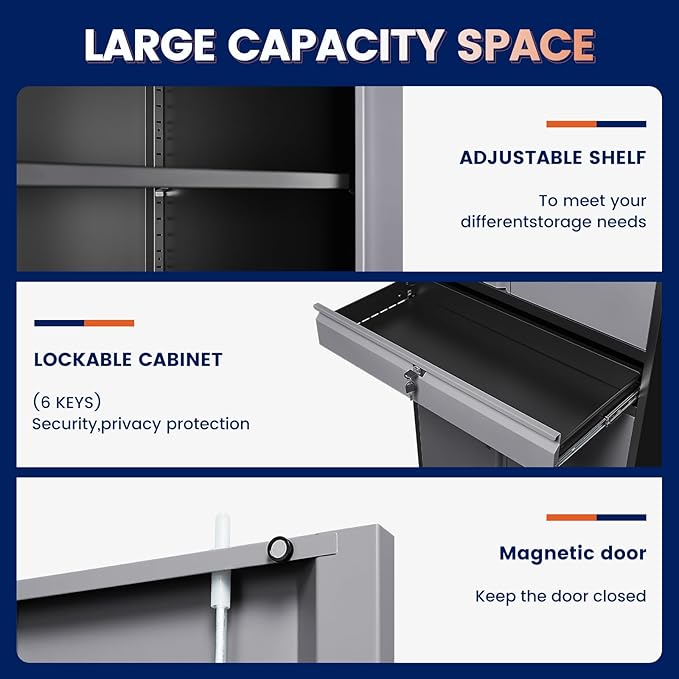 Metal Garage Storage Cabinet with Locking Doors and Adjustable Shelves, 71" Steel Tool Storage Cabinet with 1 Drawer for Garage,Office,Warehouse (Gray Black)
