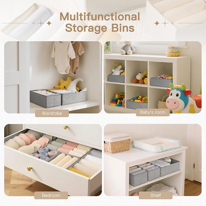 Drawer Organizer Clothes, 14 Pack Dresser Organizer for Baby Clothes, Underwear, Sock- Foldable Closet Organization and Storage Dividers Bins for Nursery, Bedroom and Dorm (Grey)