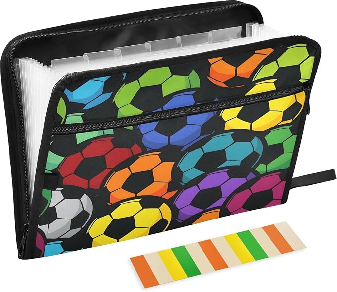 Colorful Soccer Ball Pattern 13 Pocket File Organizer Expanding File Folder with Front Pouch Portable Business File Storage Document Organizer Folder with Zipper