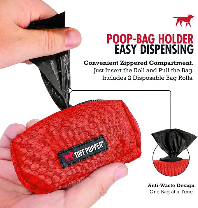 Tuff Pupper Dog Poop Bag Holder | Works with Any Dog Leash | Zippered Waste Bag Dispenser | Waterproof with Rust-Proof Clip | Convenient Lightweight Design | Includes 2 Rolls of Leak-Proof Bags