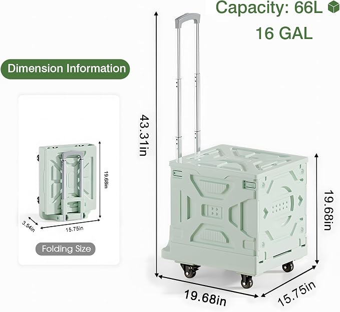 VECELO 16 GAL 2-in-1 Foldable Shopping Cart, Collapsible Utility Cart with Adjustable Handle & 360° Wheels, Dual-Mode Rolling Crate (Basket/Flatbed) for Groceries, Camping, Compact Storage, Green