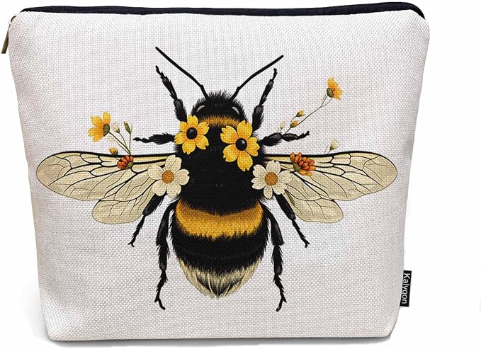 Women Makeup Organizer Bag Bumblebee Bumblebee Honey Bee Sunflowers Yellow Flax Cosmetic Bag Makeup Bags Toiletry Bag Accessories Organizer Travel Bags For Home Bathroom Office Hotel Gym