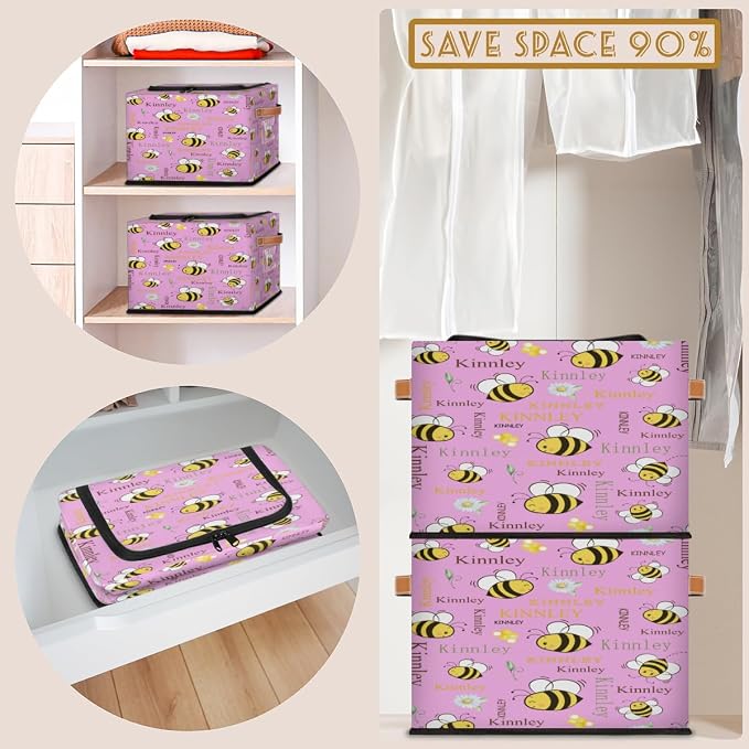 Personalized Kids Toy Box with Name, Custom Pink Nursery Baskets Cubes Box with Zipper Lid, Kids Custom Storage Basket Laundry Baskets Organizer with Handles, Bee and Floral