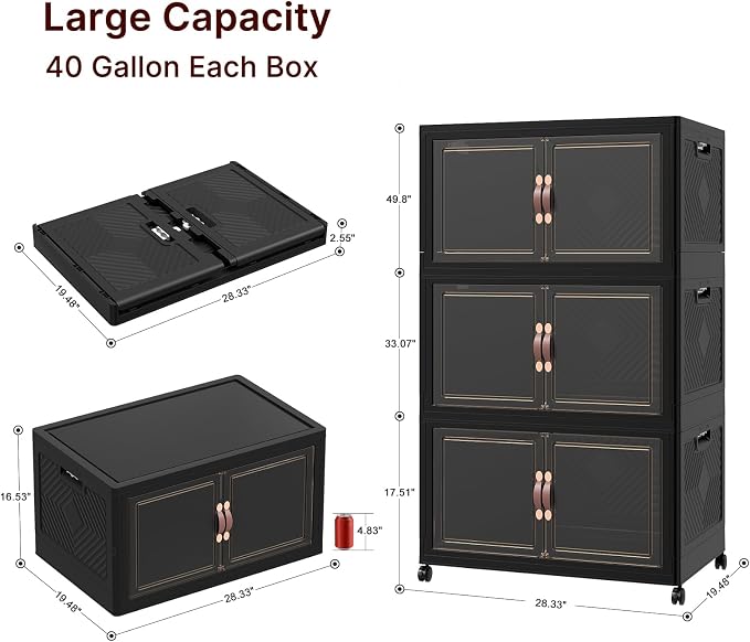 Stackable Storage Bins with Lids, 540QT Lockable Storage Cabinet | Folding Storage Box with Doors and Wheels, Collapsible Plastic Drawers for Home, Garage, Office
