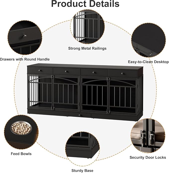 Dog Crate Furniture for 2 Dogs, Double Dog Crate TV Stand, Black | 78.7'' Large Dog Kennel Indoor, 4 Storage Drawers and Feeding Bowls, Pet Kennel for Small and Medium Dogs