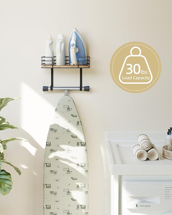 THYGIFTREE Ironing Board Holder Wall Mount and Basket Iron Holder Rack | Heavy-duty metal and wood organizer stores ironing boards, irons and steamers with a shelf, basket and wall-mounted design