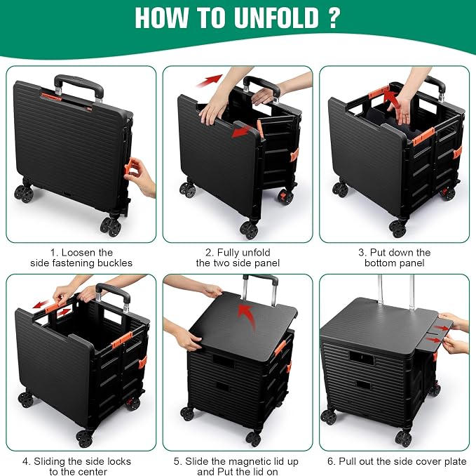FELICON SELORSS Folding Utility Cart Portable Rolling Crate Handcart-Black | Magnetic Sliding Lid,Telescoping Handle,Plastic Box Dolly,360°Swivel Wheels for Travel Shop Move Laundry Office Teacher Use