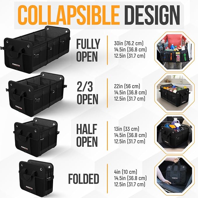 FORTEM Trunk Organizer - Collapsible Car Organizer & Storage Bag for SUVs | Car Accessories for Men & Women, Cooler Bag, Non Slip Bottom, Straps, Soft Cover, 1680D Oxford, 6 Compartments, Black, 90L