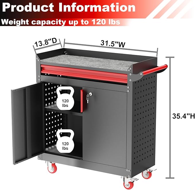 Kelueo Metal Garage Storage Cabinet with Wheels,Lockable Storage Cabinets with Adjustable Shelf,Steel Tool Locker with Pegboard and Handle for Garage,Warehouse