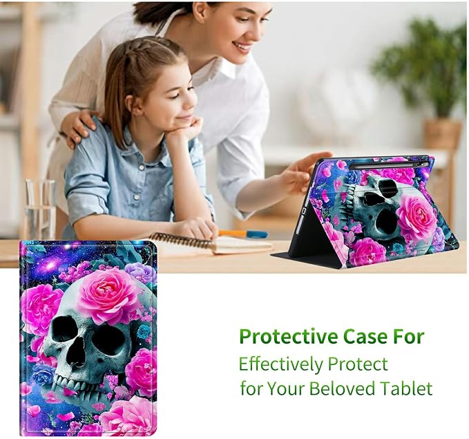 Case for Samsung Galaxy Tab S10+ Plus 2024/ S9 FE Plus/ S9 Plus 12.4" 2023 | Slim Leather Smart Cover with Multi-Angle Anti-Slip Stand [Auto Wake/Sleep] Shell for Women Men, Rose Pink Skull