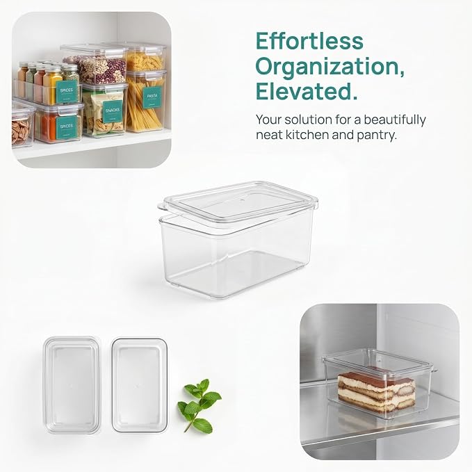 BESTonZON 10Pcs Small Clear Plastic Storage Bins with Lids | Kitchen Pantry Organizers and Fridge Containers for Cabinet, Snack, Spice Organization, Acrylic Basket